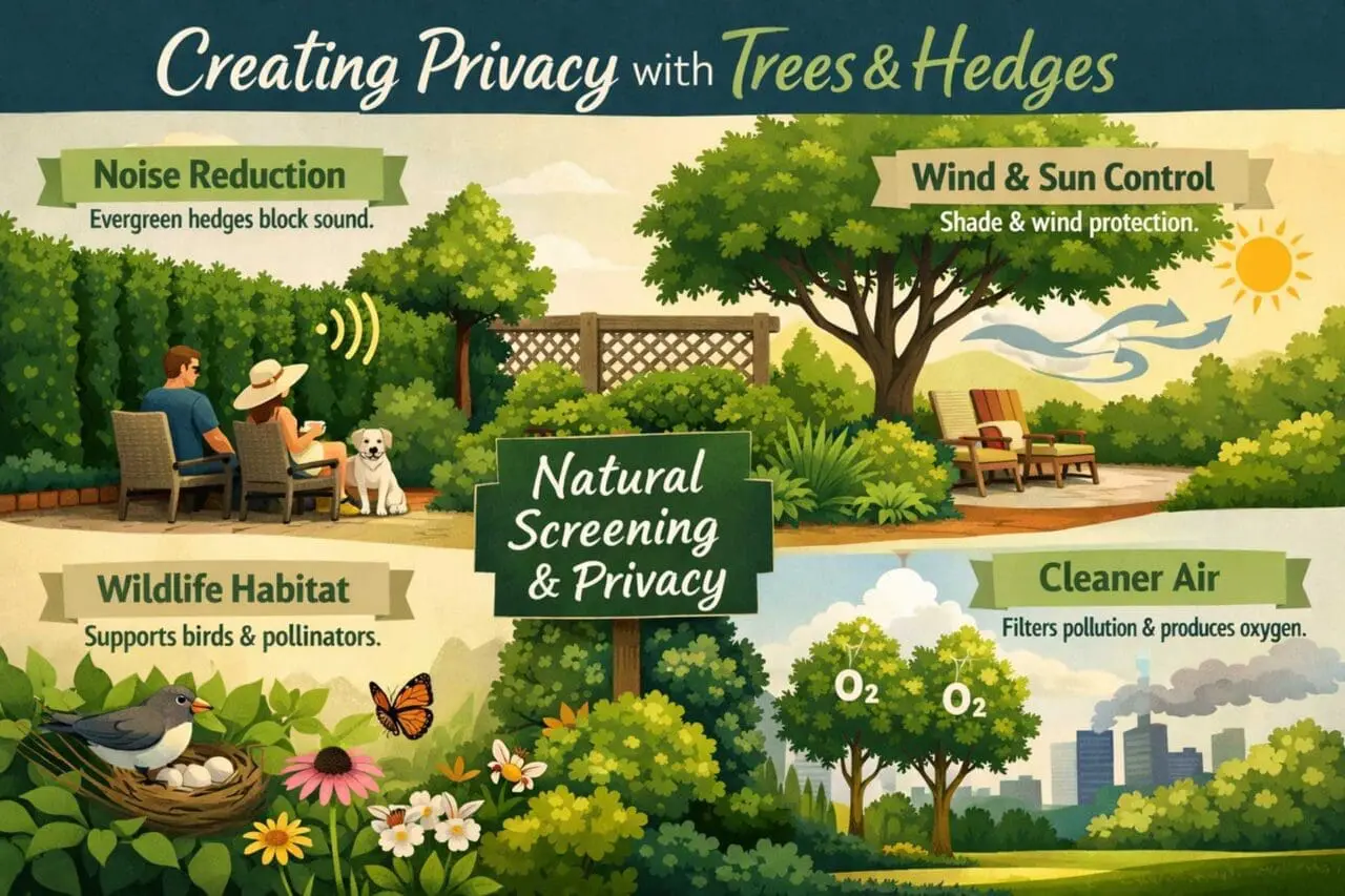 Infographic: Trees, shrubs, and hedges do more than screen a property. They can make an outdoor space quieter, cooler, more private, and more supportive of birds and pollinators.