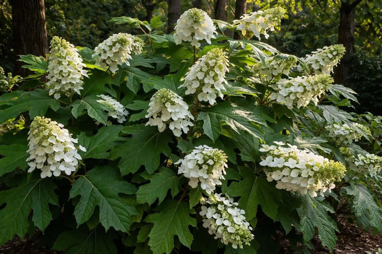 Oakleaf hydrangea with broad, textured foliage and clusters of white flowers, providing summer interest and strong structure in a New England garden.