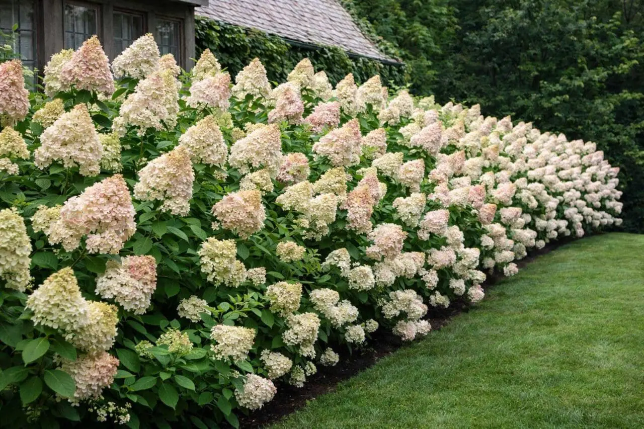 Panicle hydrangea in full summer bloom, with large clusters of creamy white flowers rising above dense green foliage.
