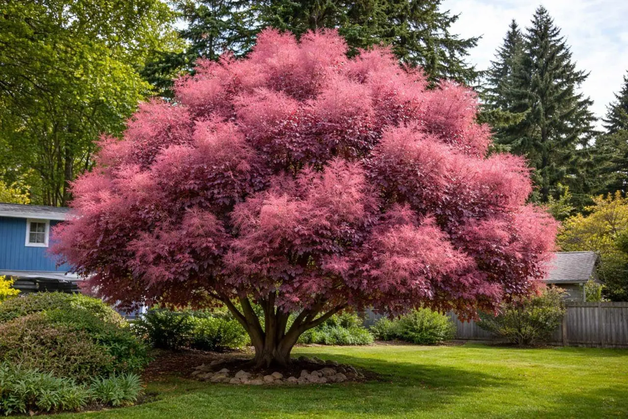 Smoketree with airy, plume-like flowers and deep-toned foliage, adding bold texture, color, and seasonal interest to a New England landscape.