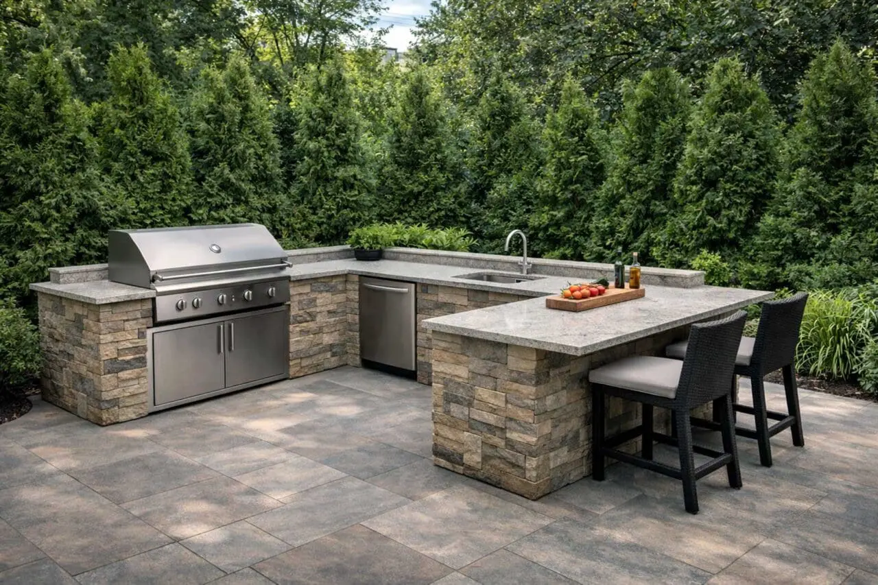 Dense planting of hedges and mixed-height shrubs surrounds this outdoor kitchen, providing year-round privacy and wind protection while softening the hardscape with natural texture.