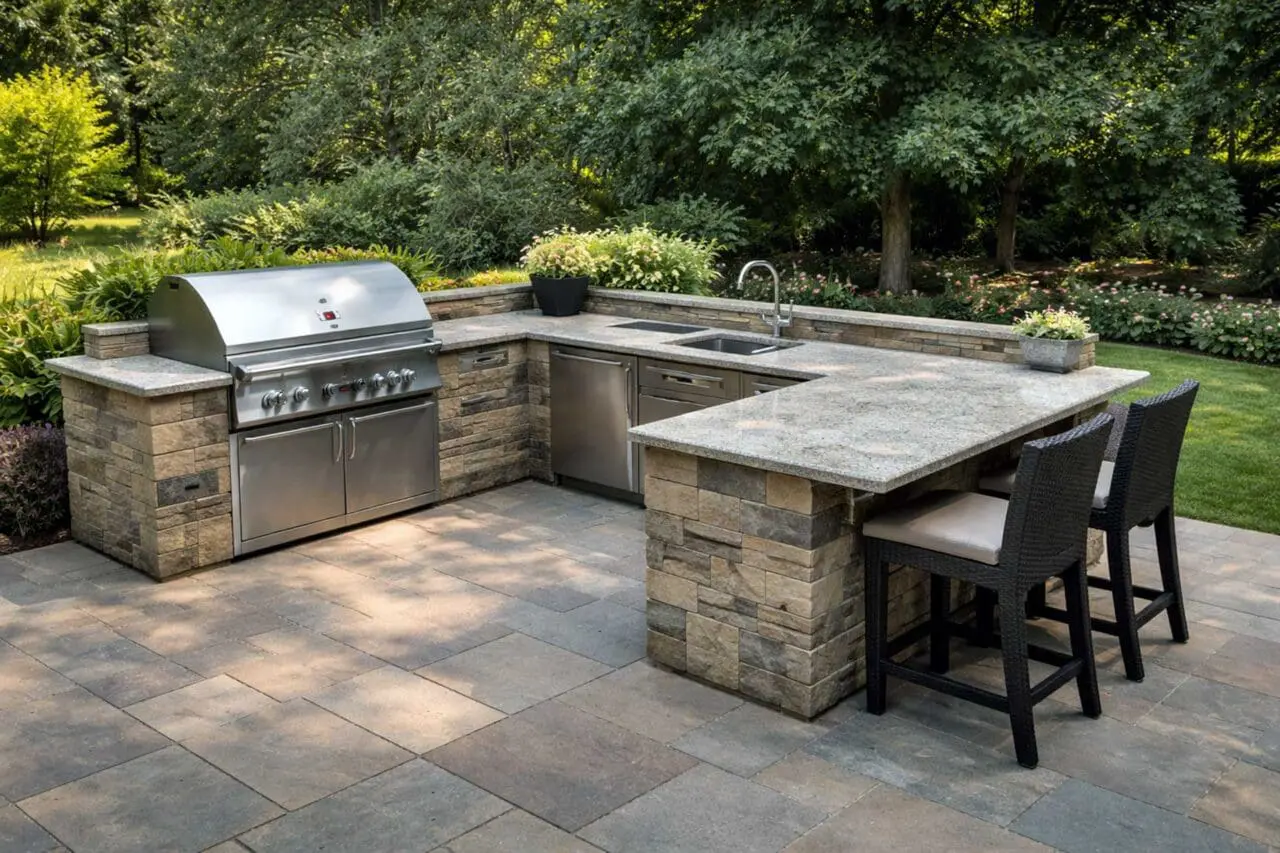 A U-shaped outdoor kitchen with expansive counter space, integrated appliances, and bar seating offers a fully equipped cooking environment for large-scale entertaining.