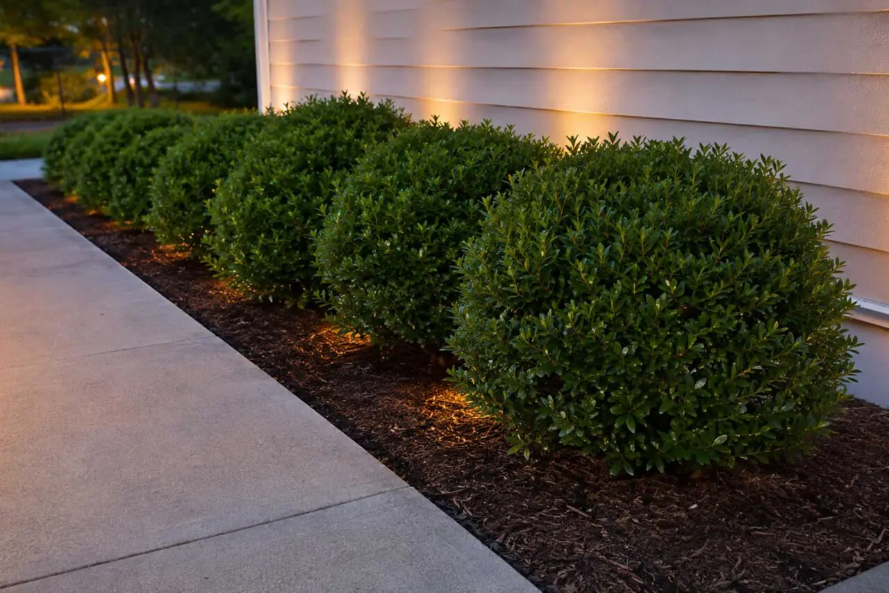 Medfield, MA - Inkberry holly shrubs create a neat evergreen foundation planting, softly illuminated by landscape lighting along the walkway.