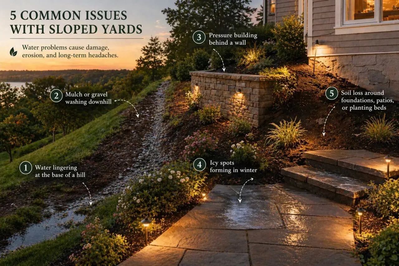 Infographic: A sloped yard works best when drainage is part of the design from the start, helping manage runoff, protect hardscape, and prevent erosion around walls, steps, and planting areas.