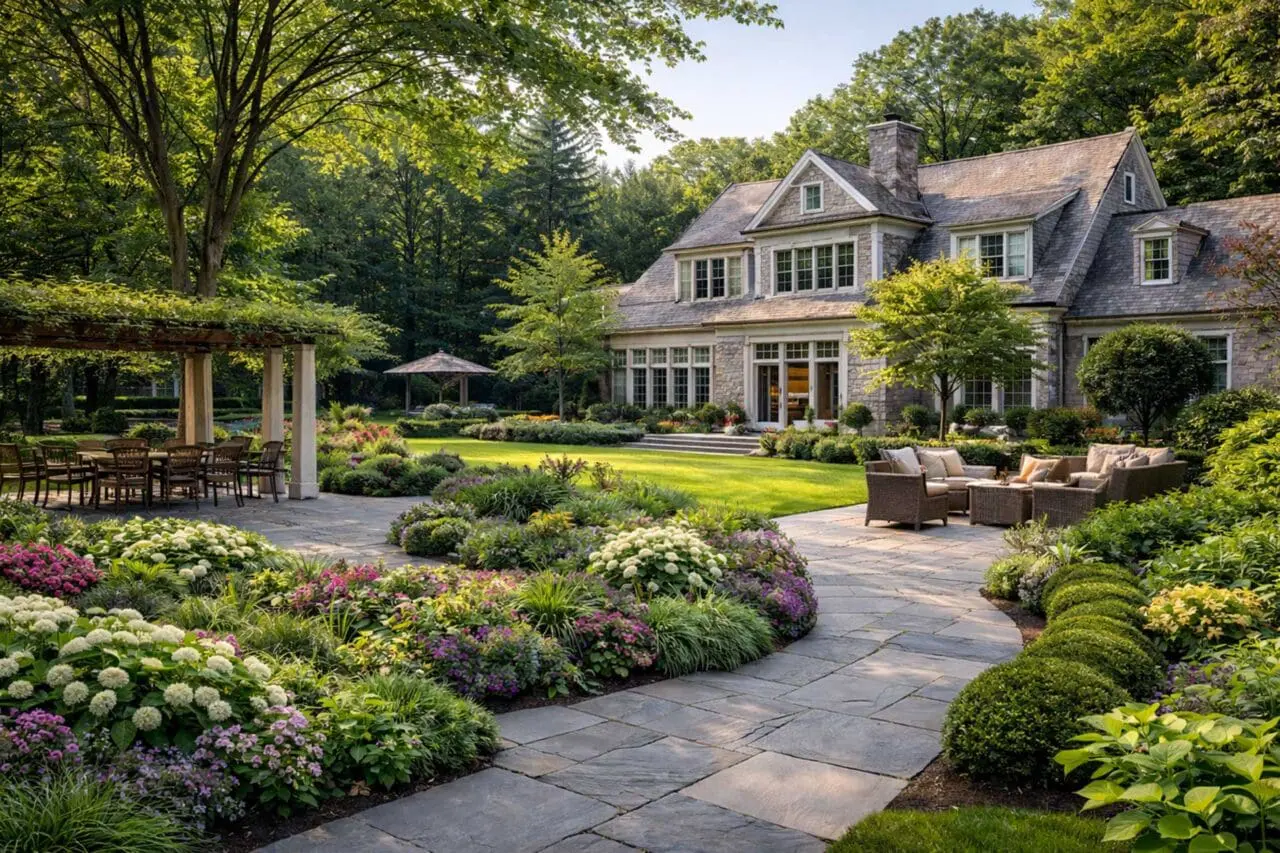 Boston landscape maintenance calendar outlining seasonal property care tasks, from spring cleanup and planting through summer maintenance, fall preparation, and winter landscape care.