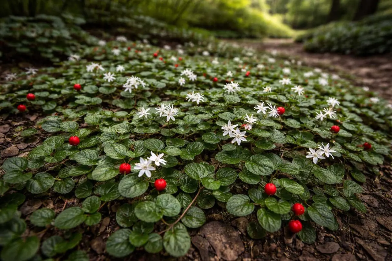 Partridgeberry is a low-growing native ground cover valued for its glossy evergreen foliage, delicate white flowers, and bright red berries in shaded woodland gardens.