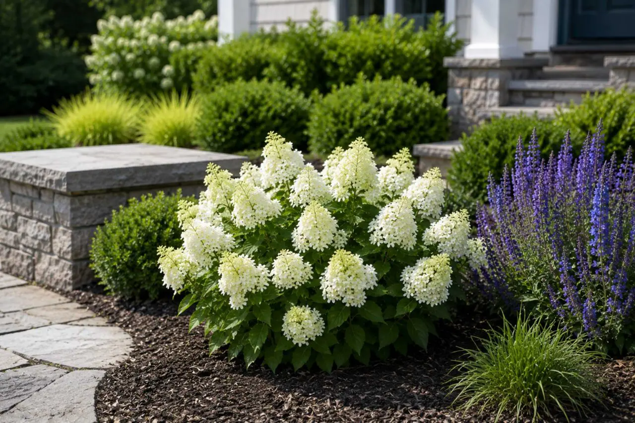 Bobo® Hydrangea: A compact, rounded panicle hydrangea that produces an abundance of large white flowers, often aging to soft pink later in the season.