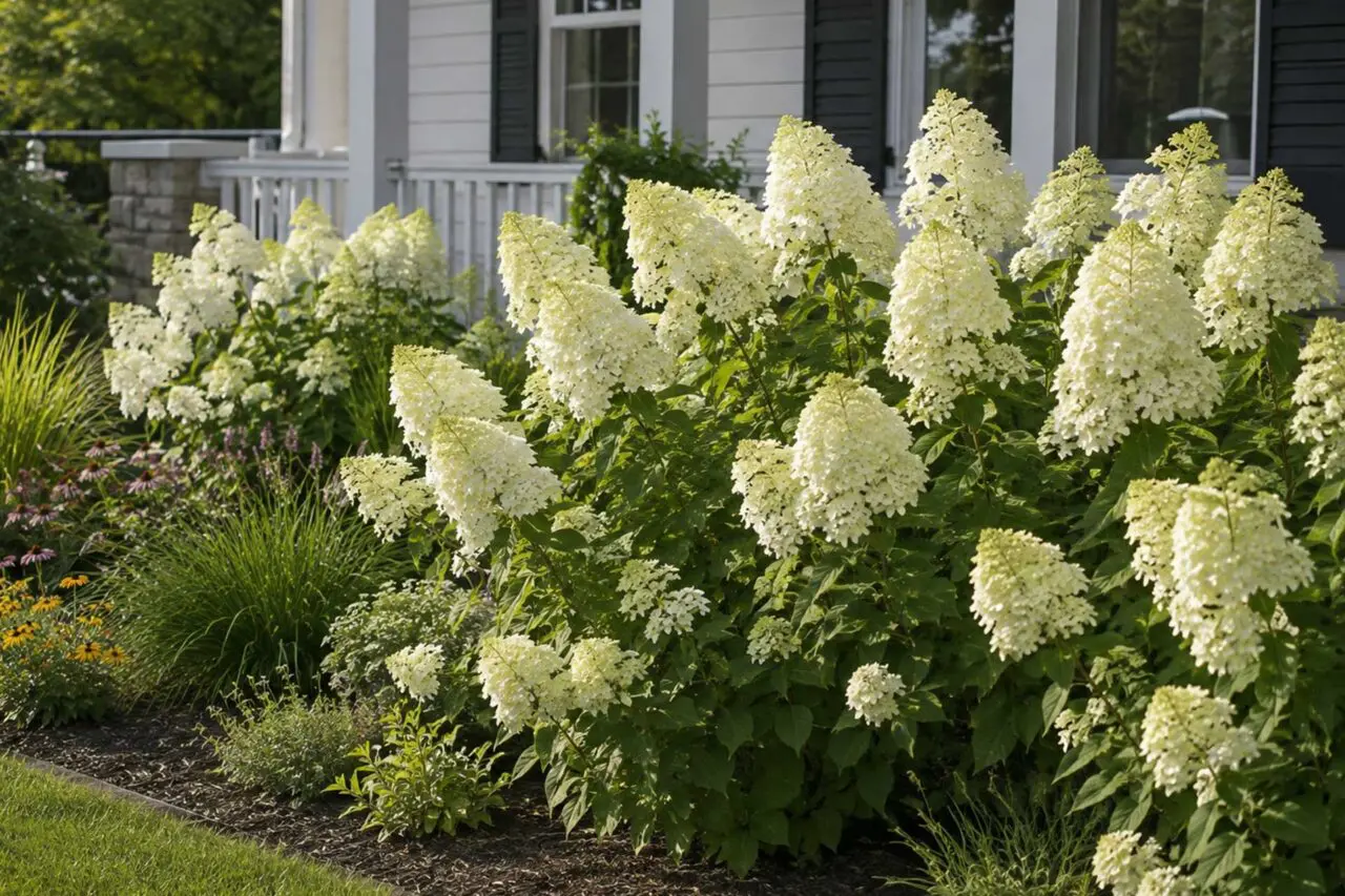 Limelight® Hydrangea: A large, vigorous panicle hydrangea known for its substantial lime-green flower clusters that transition to creamy white and soft pink.
