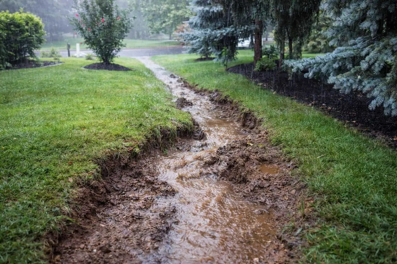 Heavy rainfall has carved a visible channel through the lawn, washing away topsoil and creating a muddy runoff path.
