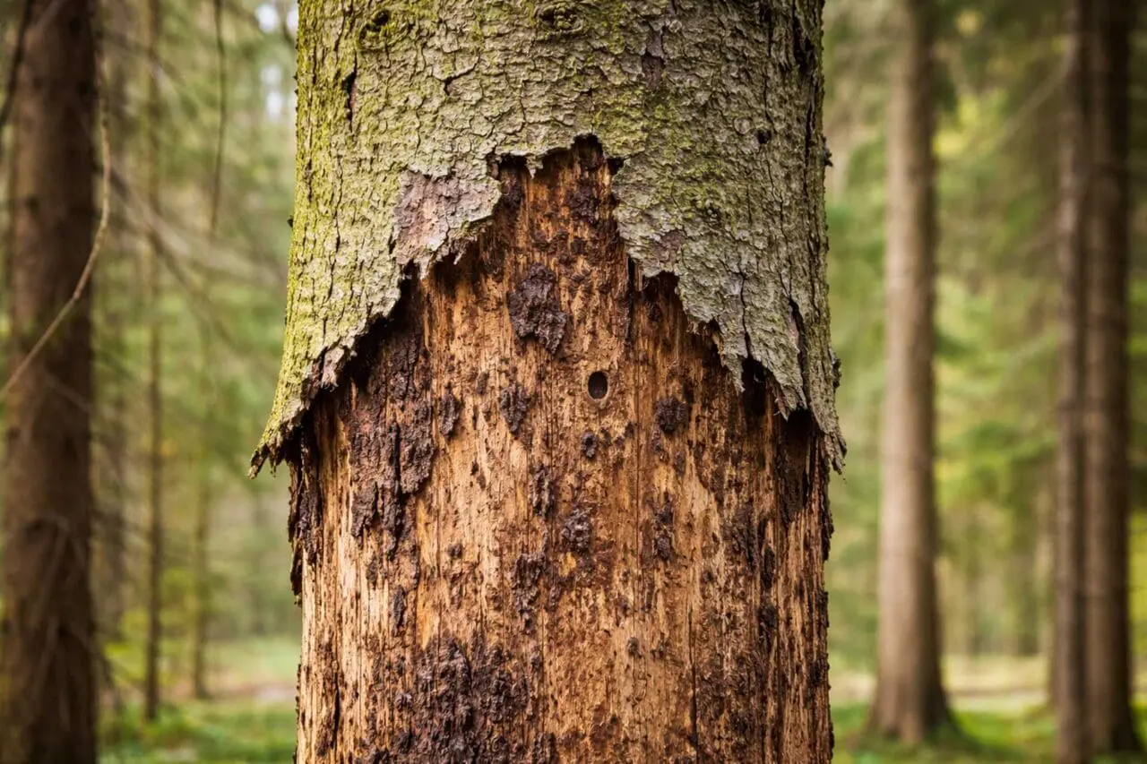 Extensive bark loss and visible decay along the trunk indicate significant structural decline, a common sign that the tree is under severe stress and may no longer be able to maintain healthy growth.