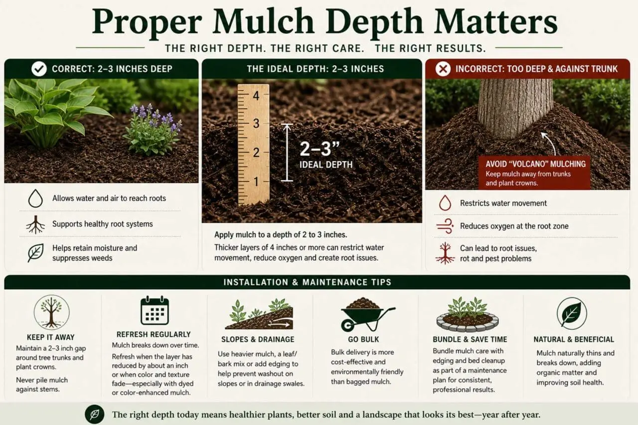 Infographic: Proper mulch depth helps planting beds perform as intended: a 2 to 3 inch layer supports moisture retention and root health, while excess mulch against trunks or stems can create long-term problems.