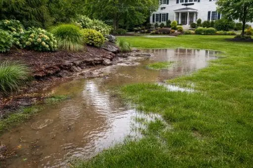 Rainwater collecting across a stone patio highlights the importance of proper landscape drainage to prevent standing water and protect surrounding lawns, plantings, and hardscape.