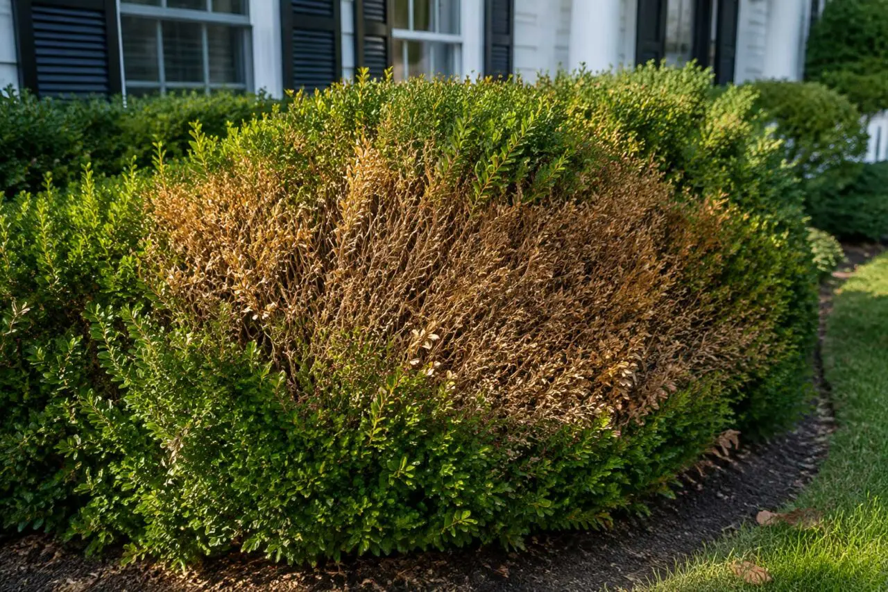 Bedford, MA - Winter burn causes brown, dried foliage on an established boxwood while surrounding growth remains green.