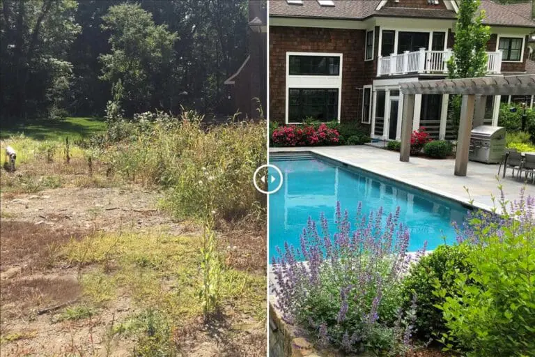 Weston, MA - Before-and-after view showing a simple backyard patio and lawn transformed into a polished outdoor living space with a bluestone patio, pool, stone fireplace, and evergreen screening.