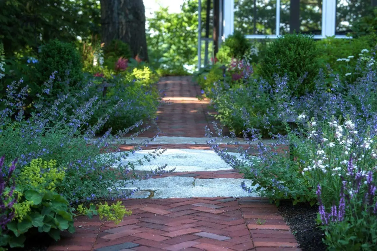 Lincoln, MA - An antique granite millstone pulls your attention in while nepeta, alchemilla, and salvia perennials gracefully soften the herrgingbone pattern walkway.