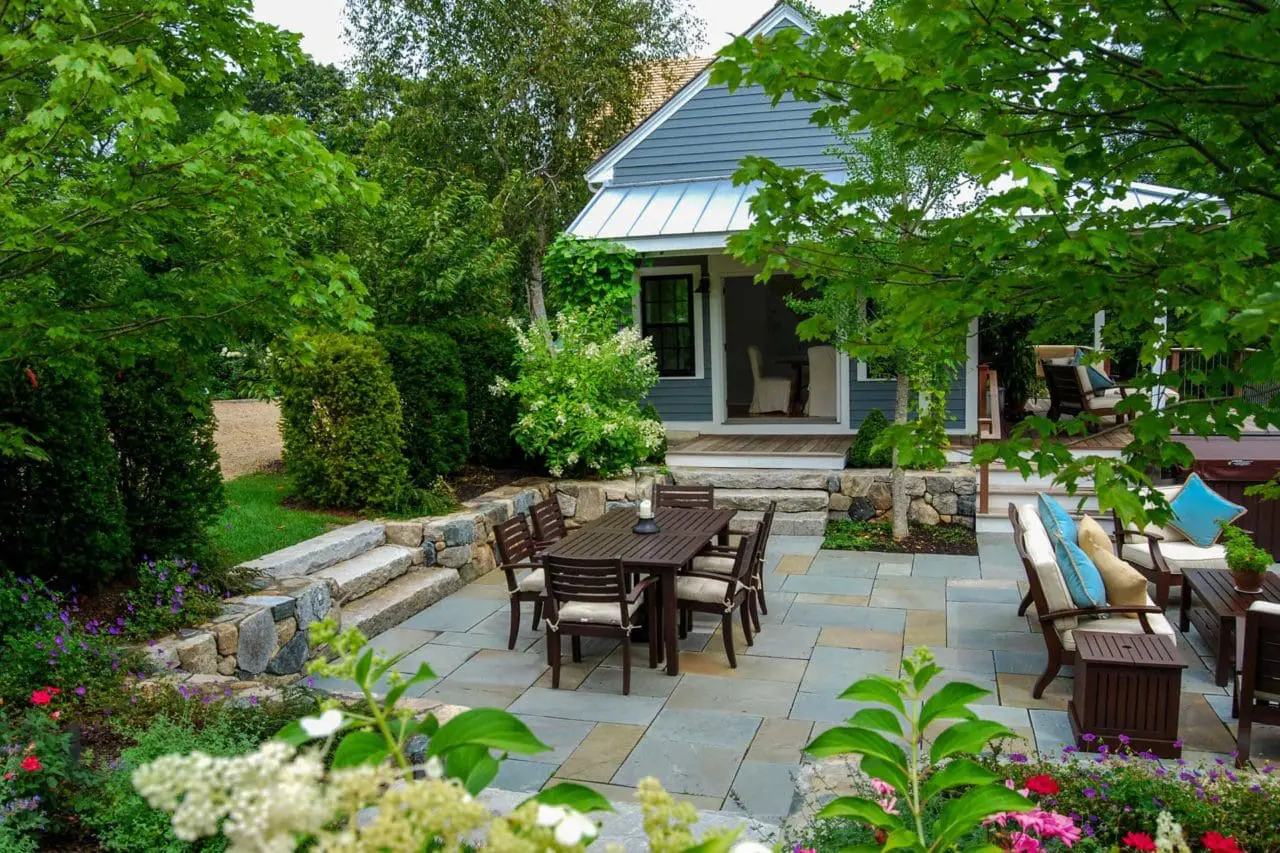 Wayland, MA - A dramatic transformation of a once neglected side yard. Outdoor dining and 3-season entertaining are now an option for the homeowners.