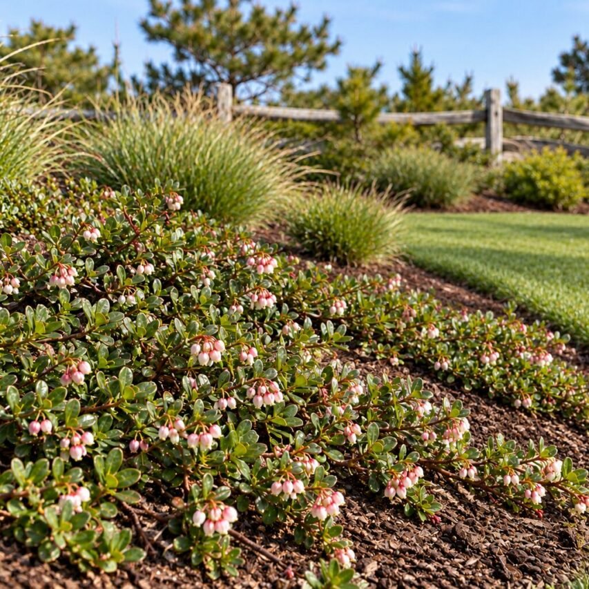 Bearberry forms a low carpet of glossy foliage and delicate pink flowers, softening the transition between lawn and planting beds in a coastal garden.
