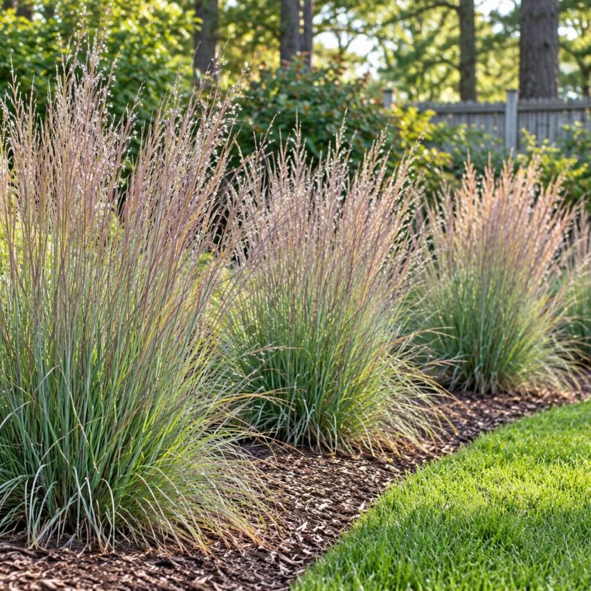 Little Bluestem adds fine texture and soft color to a defined garden border, bringing a natural coastal planting style into a maintained New England yard.