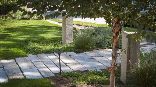 A gently curving stone path leads through layered garden plantings, showing how circulation can feel natural while still giving the landscape clear structure.