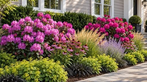 Pink and magenta rhododendrons anchor a layered foundation garden, showing how spring flowers, evergreen structure, and generous spacing can create an attractive planting for a Boston-area home.