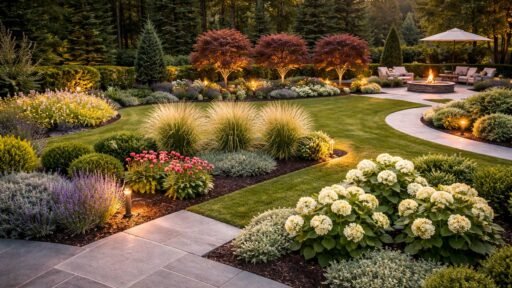 Grouped plantings in threes create a natural sense of balance and visual flow, guiding the eye through this thoughtfully designed landscape.
