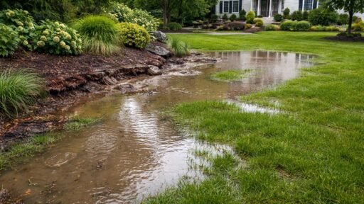 Rainwater collecting across a stone patio highlights the importance of proper landscape drainage to prevent standing water and protect surrounding lawns, plantings, and hardscape.
