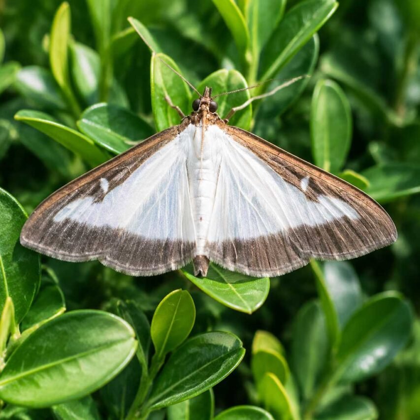 Auburndale, MA - Box tree moth resting on glossy boxwood foliage, showing its distinctive white wings with brown markings.