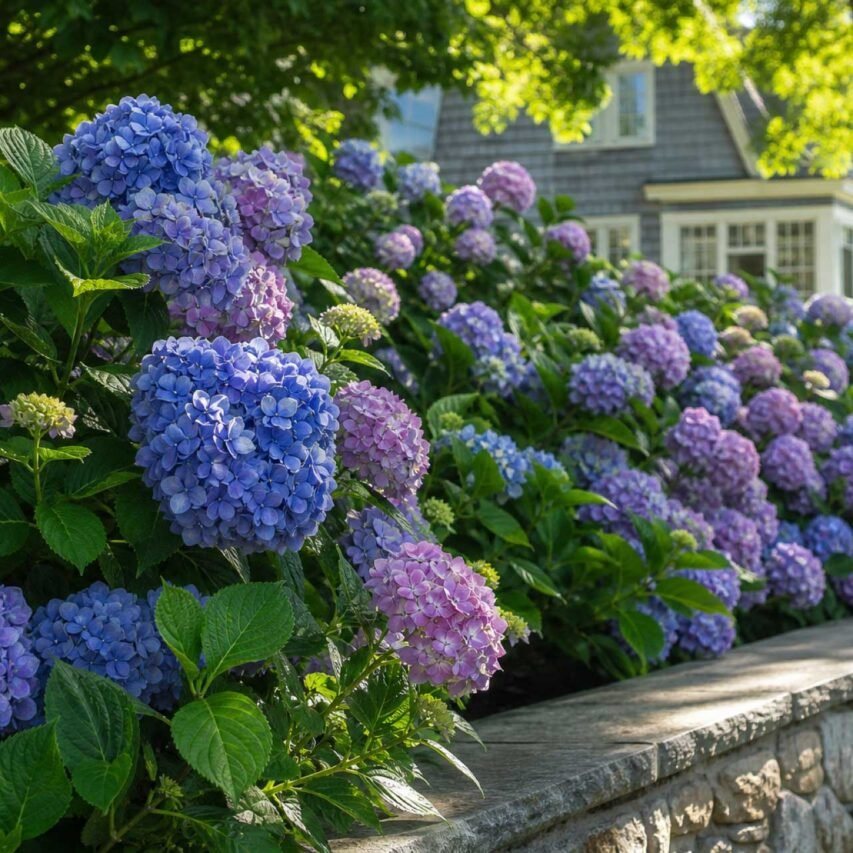 Newtonville, MA - Bigleaf hydrangeas: Blue and purple bigleaf hydrangeas (Hydrangea macrophylla) brighten a residential garden. Traditional cultivars bloom mainly on old wood.