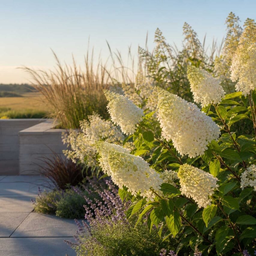 Harwichport, MA - Panicle hydrangeas: White, cone-shaped panicle hydrangea (Hydrangea paniculata) flowers rise above a sunny garden. They bloom on new wood and often age to pink or rose.
