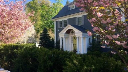 Flowering trees and clipped evergreens frame a classic Wellesley entry, creating a polished arrival with strong spring color and year-round structure.