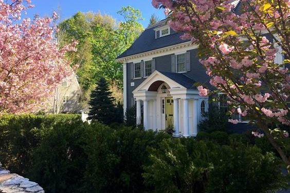 Flowering trees and clipped evergreens frame a classic Wellesley entry, creating a polished arrival with strong spring color and year-round structure.