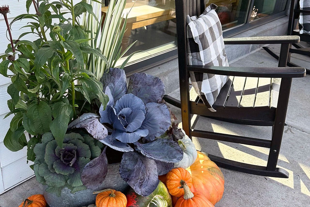 A porch planter with ornamental cabbage, kale, and pumpkins sits near seating, showing how fall containers enhance comfort and visual interest.