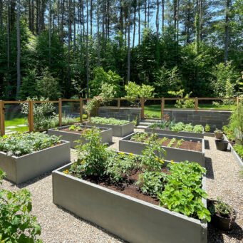 Container vegetable plantings and gravel paths create a flexible garden layout well suited to New England’s compact growing season.