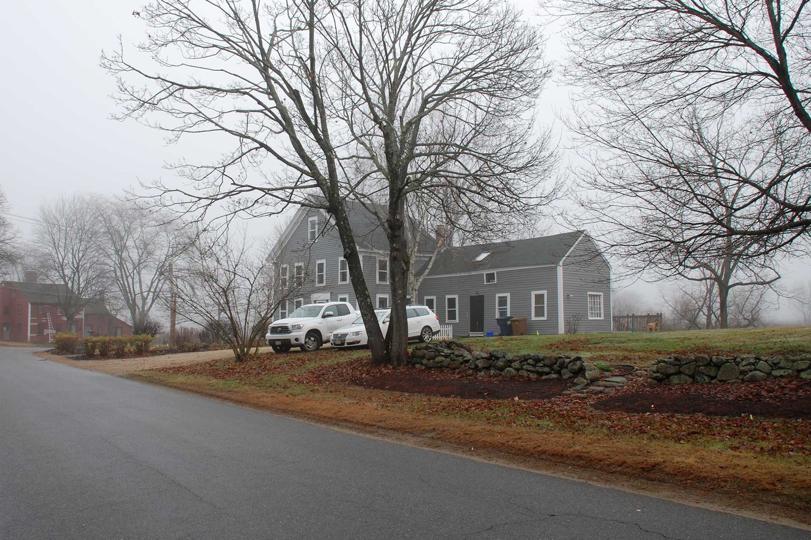Wayland Farmhouse front roadside lawn before screening installation