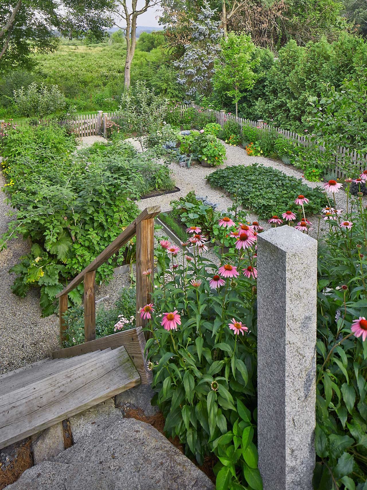 Wayland, MA - Granite posts mark the entrance of the vegetable garden. Photo: Charles Mayer